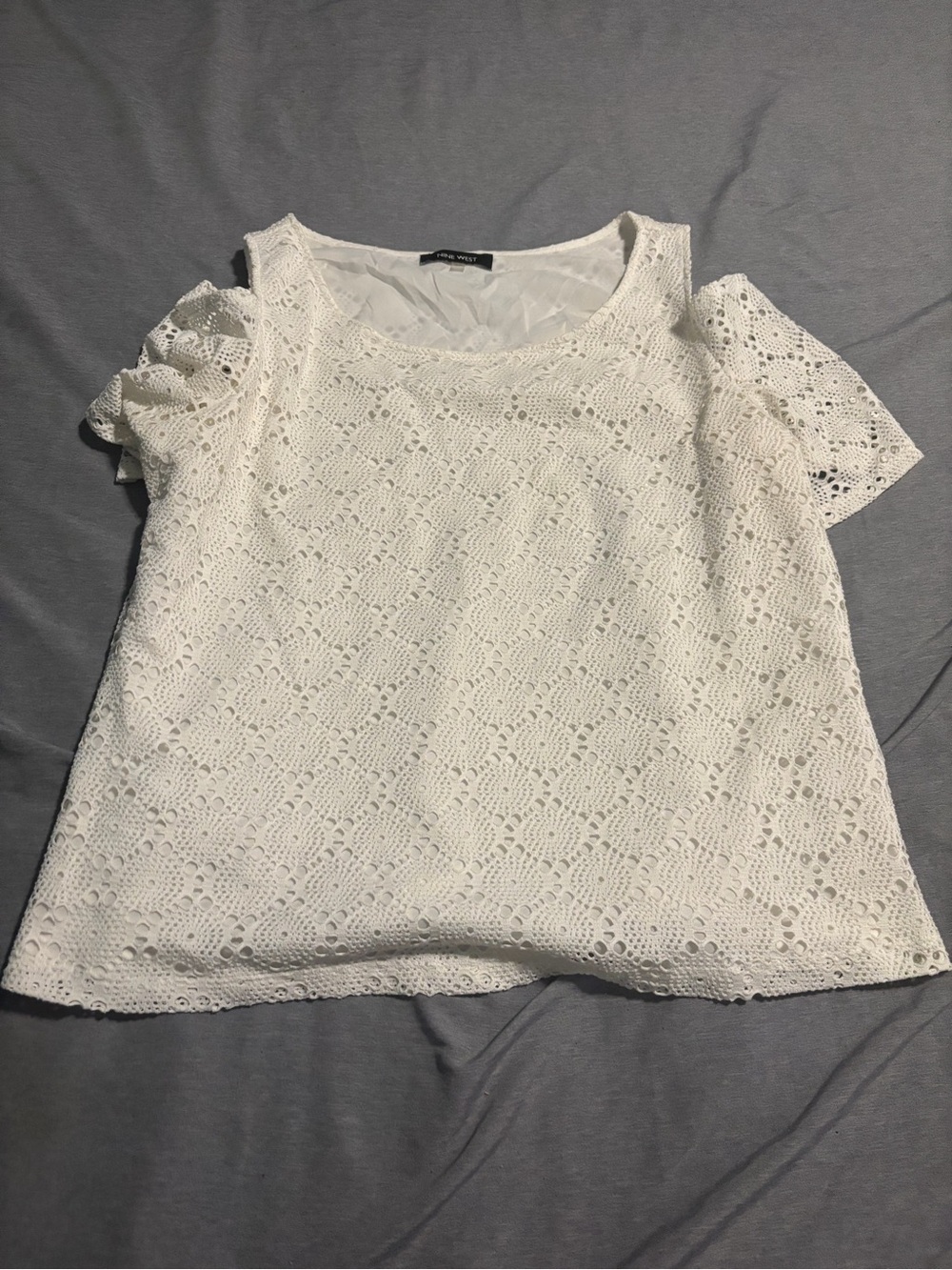 Nine West White Eyelet Lace Short Sleeve Blouse